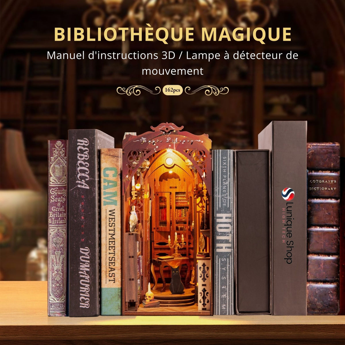 Kit Book Nook librairie- Maison Miniature à Construire Adulte - Librairie Magique - Library bibliotheque Puzzle 3D en Bois lumière LED Detection- Cadeau Maquette en Bois