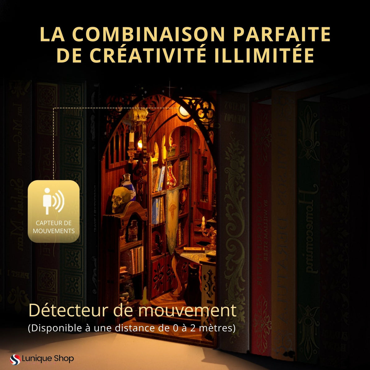 Kit Book Nook librairie- Maison Miniature à Construire Adulte - Librairie Magique - Library bibliotheque Puzzle 3D en Bois lumière LED Detection- Cadeau Maquette en Bois