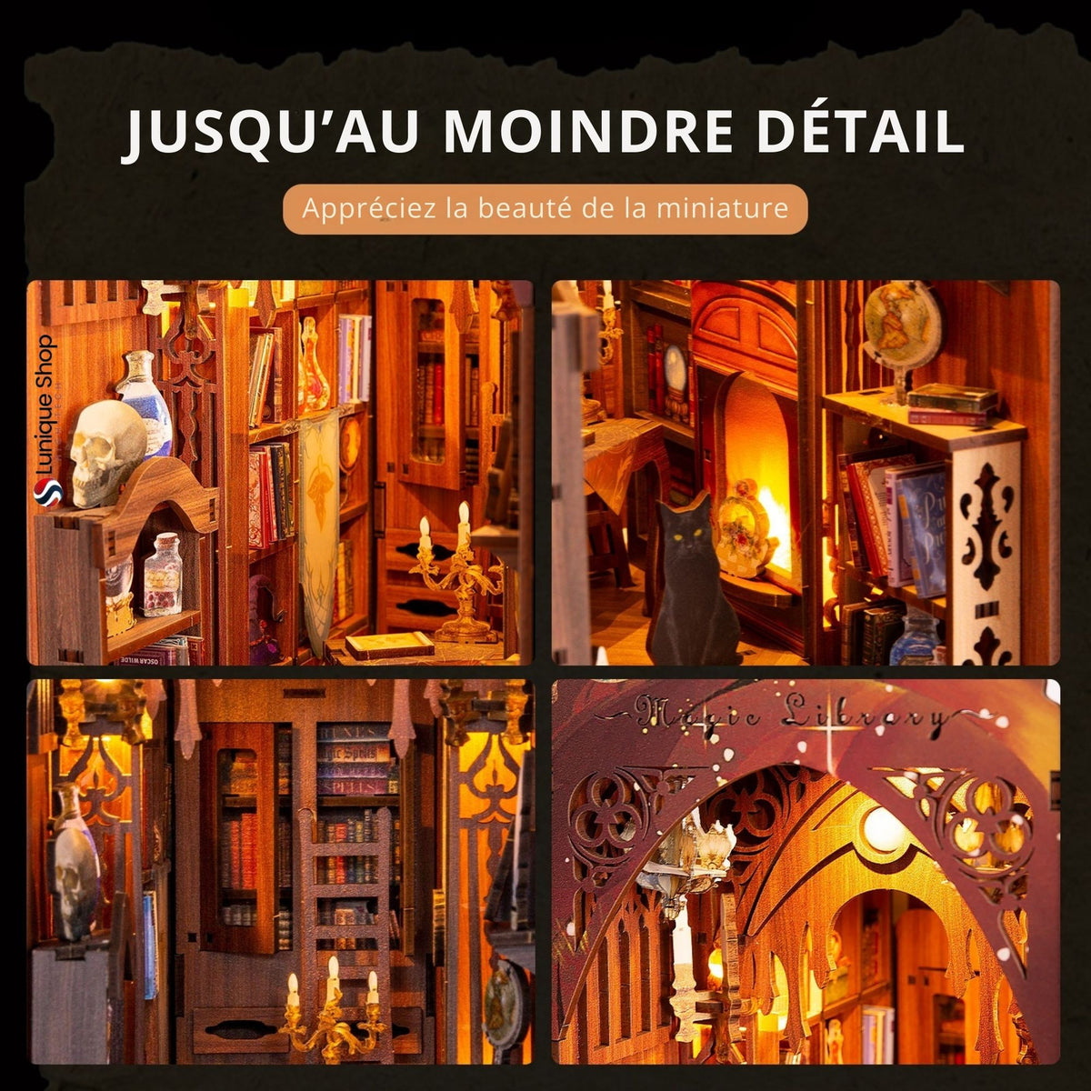 Kit Book Nook librairie- Maison Miniature à Construire Adulte - Librairie Magique - Library bibliotheque Puzzle 3D en Bois lumière LED Detection- Cadeau Maquette en Bois