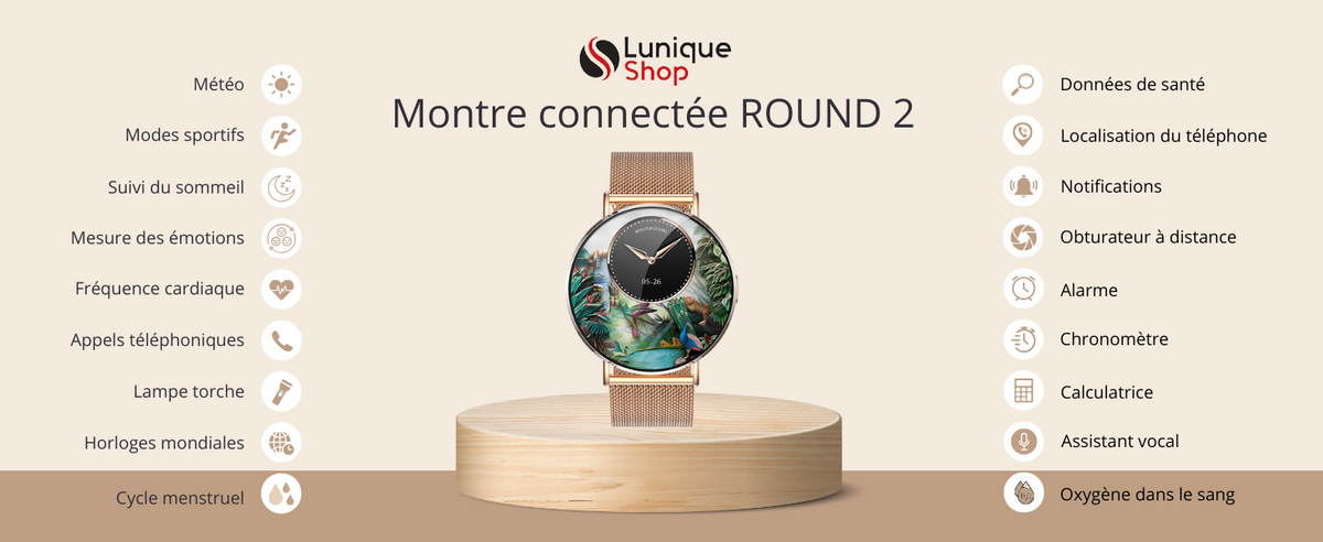 ROUND 3 Montre Connectée Femme Élégante, Écran AMOLED HD, Appels Bluetooth, 120+ Sports, 180 Cadrans Assistant Vocal, Notifications, Compatible Android et iPhone