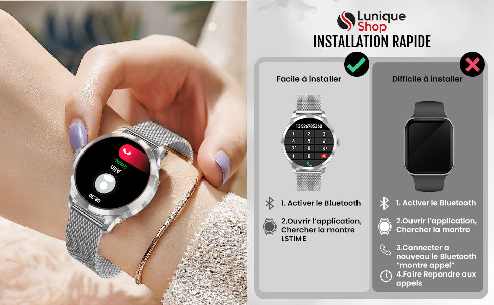 LUNIQUESHOP 2024 Nouvelle Round 2 Montre Connectée Femme Appel téléphone|  Assistance Vocale| Smartwatch Tactile Taille Ronde + 120 Sports | Fréquence