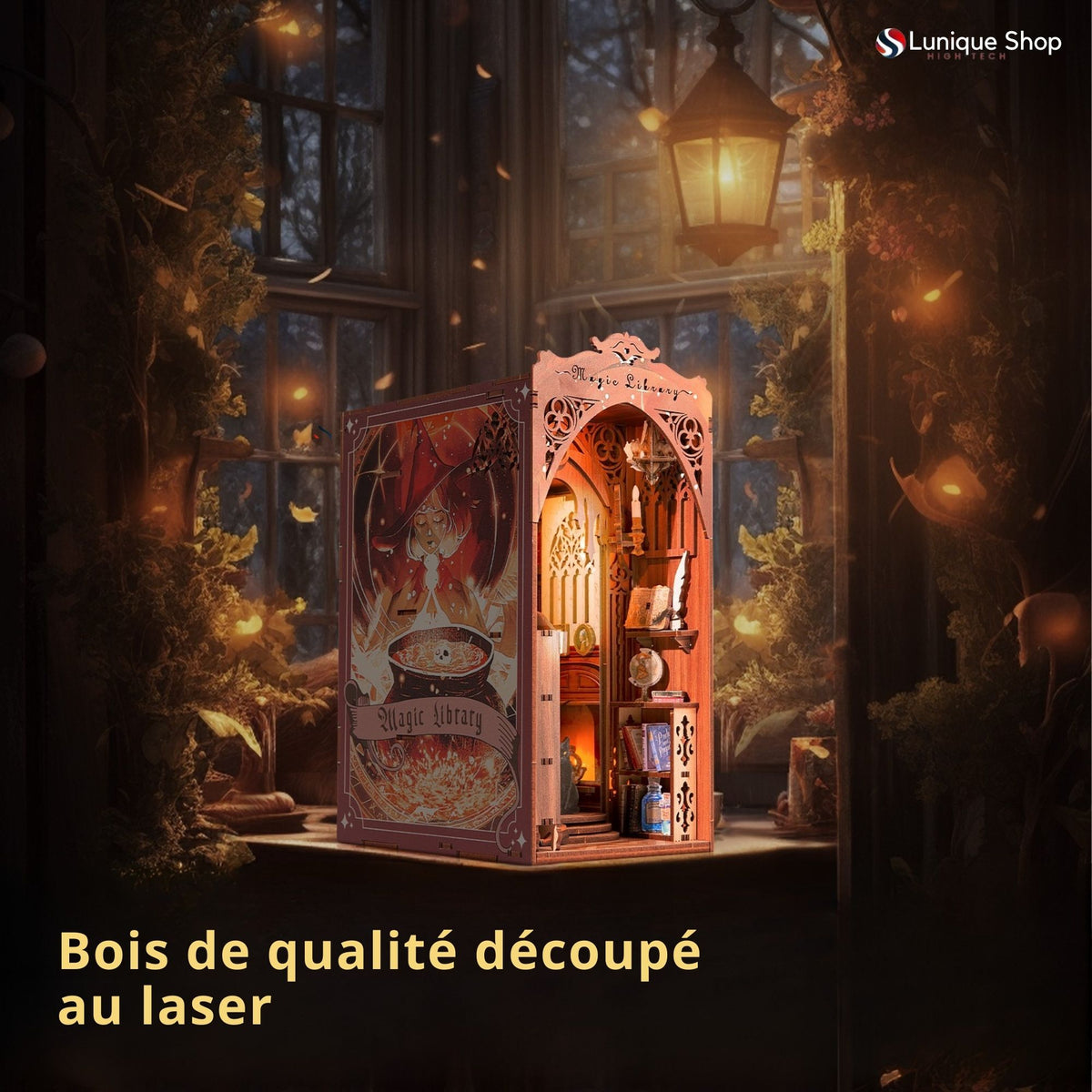 Kit Book Nook librairie- Maison Miniature à Construire Adulte - Librairie Magique - Library bibliotheque Puzzle 3D en Bois lumière LED Detection- Cadeau Maquette en Bois