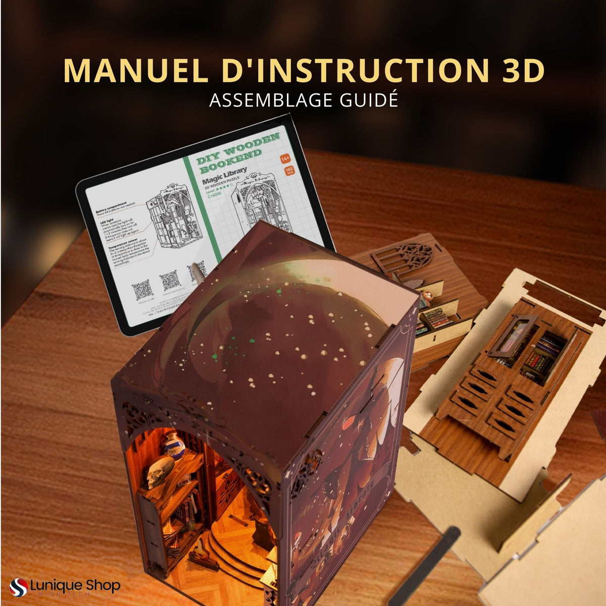 Kit Book Nook librairie- Maison Miniature à Construire Adulte - Librairie Magique - Library bibliotheque Puzzle 3D en Bois lumière LED Detection- Cadeau Maquette en Bois