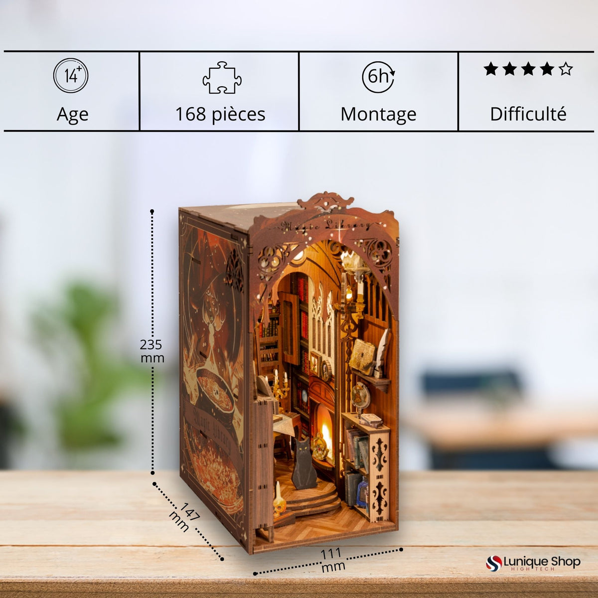 Kit Book Nook librairie- Maison Miniature à Construire Adulte - Librairie Magique - Library bibliotheque Puzzle 3D en Bois lumière LED Detection- Cadeau Maquette en Bois