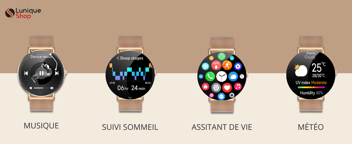 ROUND 3 Montre Connectée Femme Élégante, Écran AMOLED HD, Appels Bluetooth, 120+ Sports, 180 Cadrans Assistant Vocal, Notifications, Compatible Android et iPhone