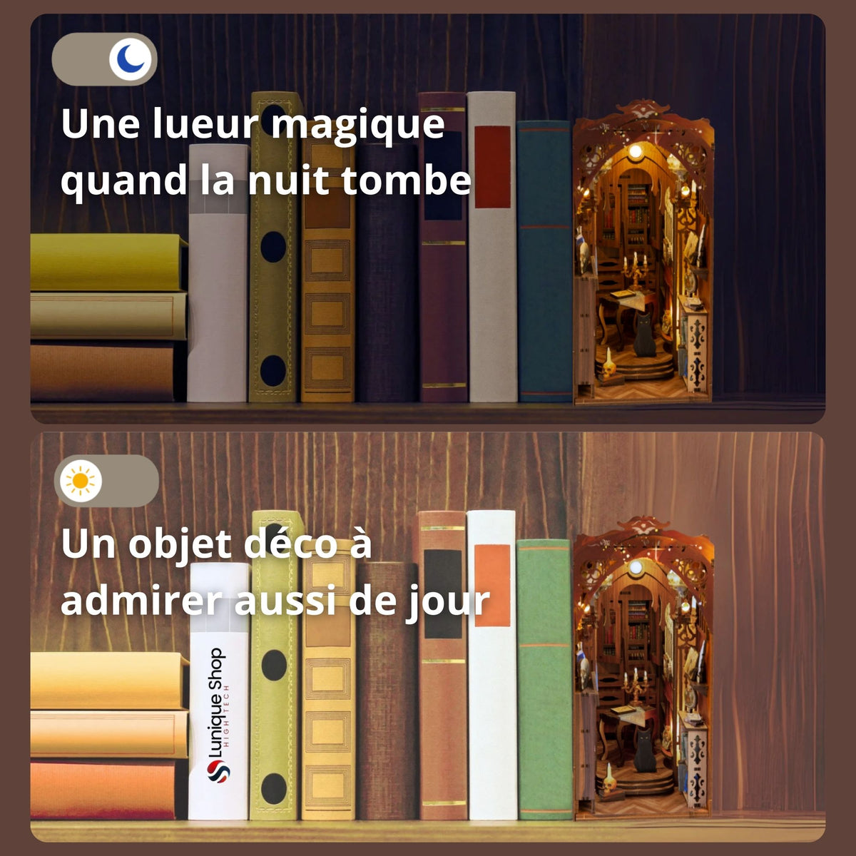 Kit Book Nook librairie- Maison Miniature à Construire Adulte - Librairie Magique - Library bibliotheque Puzzle 3D en Bois lumière LED Detection- Cadeau Maquette en Bois