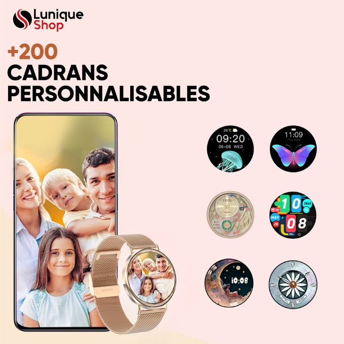 ROUND 3 Montre Connectée Femme Élégante, Écran AMOLED HD, Appels Bluetooth, 120+ Sports, 180 Cadrans Assistant Vocal, Notifications, Compatible Android et iPhone