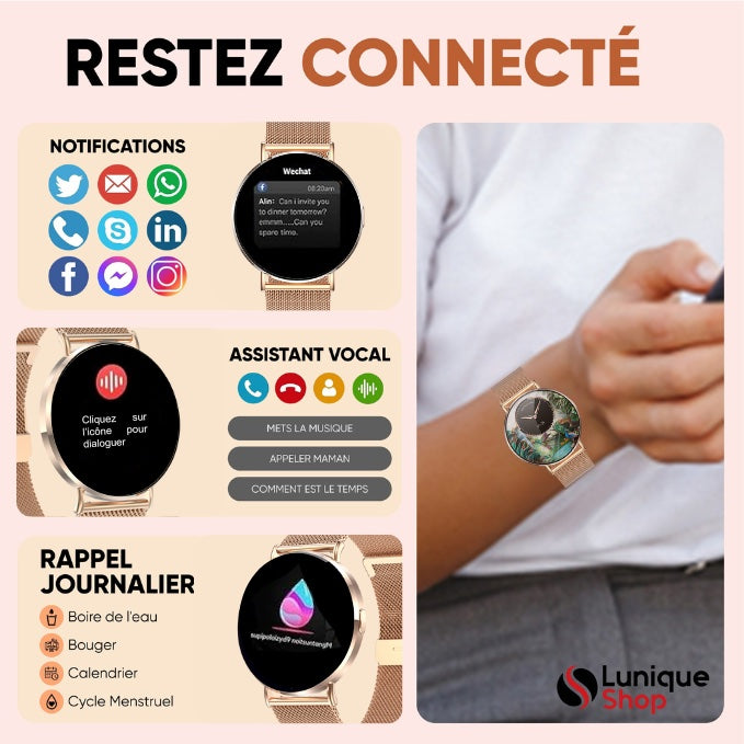 ROUND 3 Montre Connectée Femme Élégante, Écran AMOLED HD, Appels Bluetooth, 120+ Sports, 180 Cadrans Assistant Vocal, Notifications, Compatible Android et iPhone