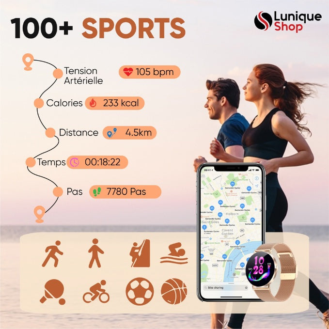 ROUND 3 Montre Connectée Femme Élégante, Écran AMOLED HD, Appels Bluetooth, 120+ Sports, 180 Cadrans Assistant Vocal, Notifications, Compatible Android et iPhone