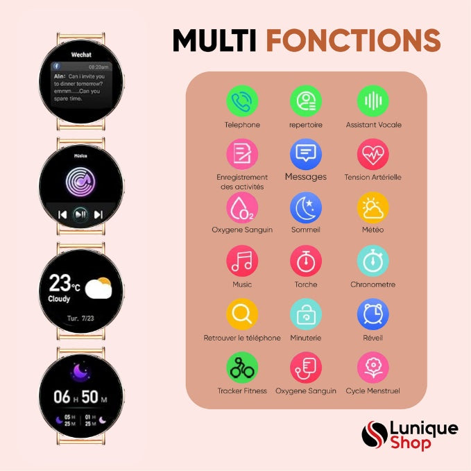 ROUND 3 Montre Connectée Femme Élégante, Écran AMOLED HD, Appels Bluetooth, 120+ Sports, 180 Cadrans Assistant Vocal, Notifications, Compatible Android et iPhone