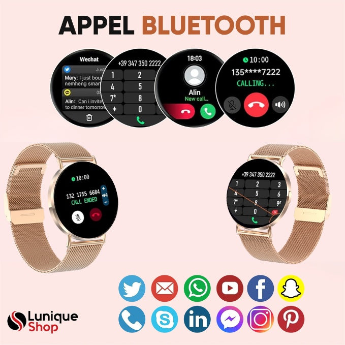 ROUND 3 Montre Connectée Femme Élégante, Écran AMOLED HD, Appels Bluetooth, 120+ Sports, 180 Cadrans Assistant Vocal, Notifications, Compatible Android et iPhone