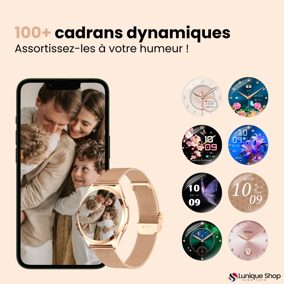 LSWATCH V3 Montre Connectée Femme avec Appel Bluetooth 1.6"- Smartwatch Oxygene Sanguin Tension Fréquence Cardiaque Podomètre Sommeil Météo 2 Bracelets Intelligent iOS Android +100 Sport