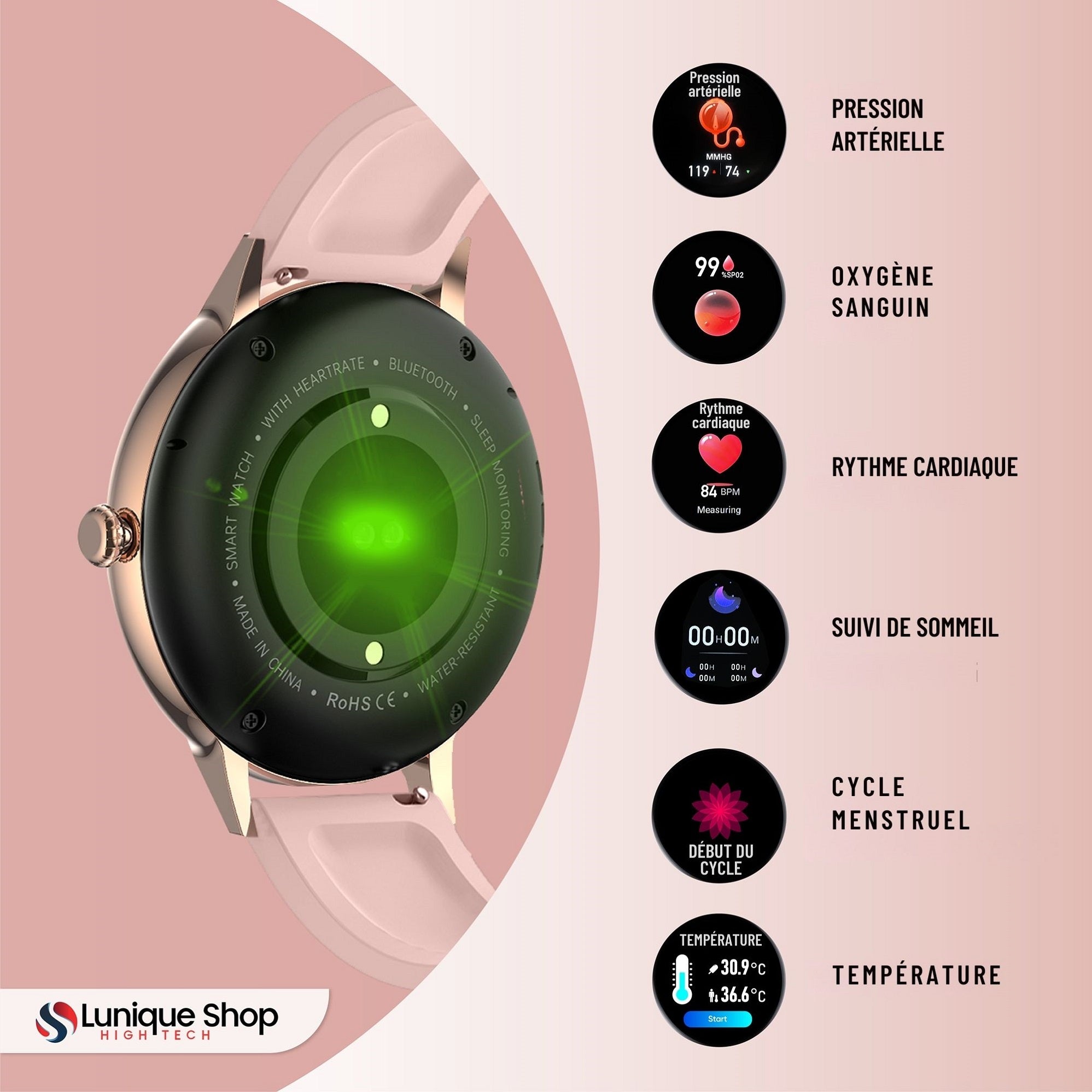 LUNIQUESHOP LSWATCH Montre Connectée Femme avec Appel Bluetooth 1.32"-  Temperature, Oxygene Sanguin Tension, Fréquence Cardiaque, Podomètre Sommeil Météo 2 Bracelets iOS Android Or Rose - Lunique Shop