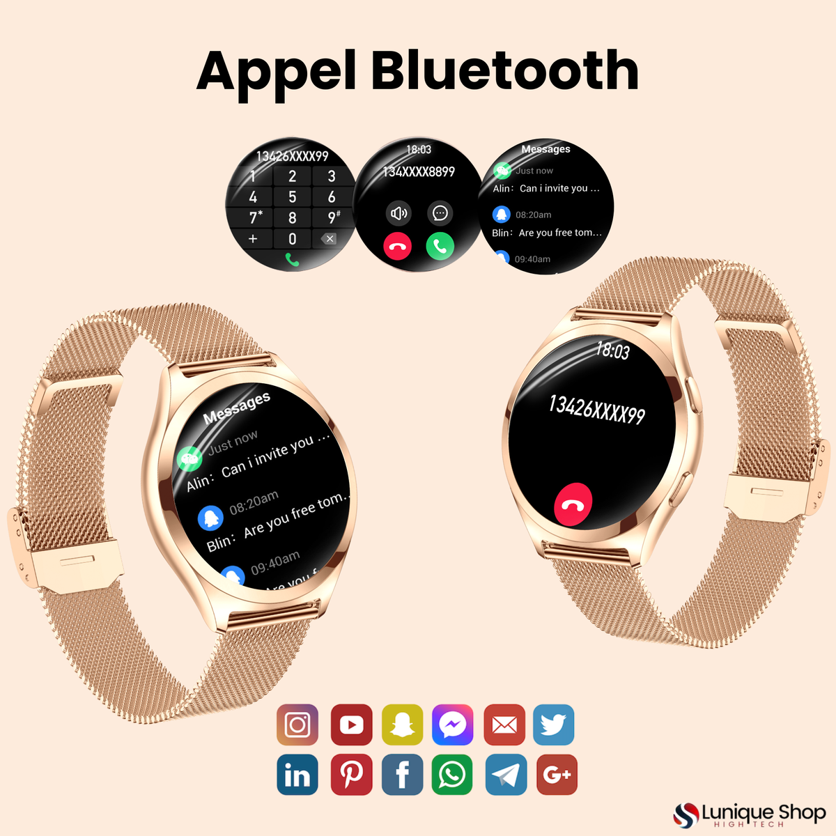 LSWATCH V3 Montre Connectée Femme avec Appel Bluetooth 1.6"- Smartwatch Oxygene Sanguin Tension Fréquence Cardiaque Podomètre Sommeil Météo 2 Bracelets Intelligent iOS Android +100 Sport