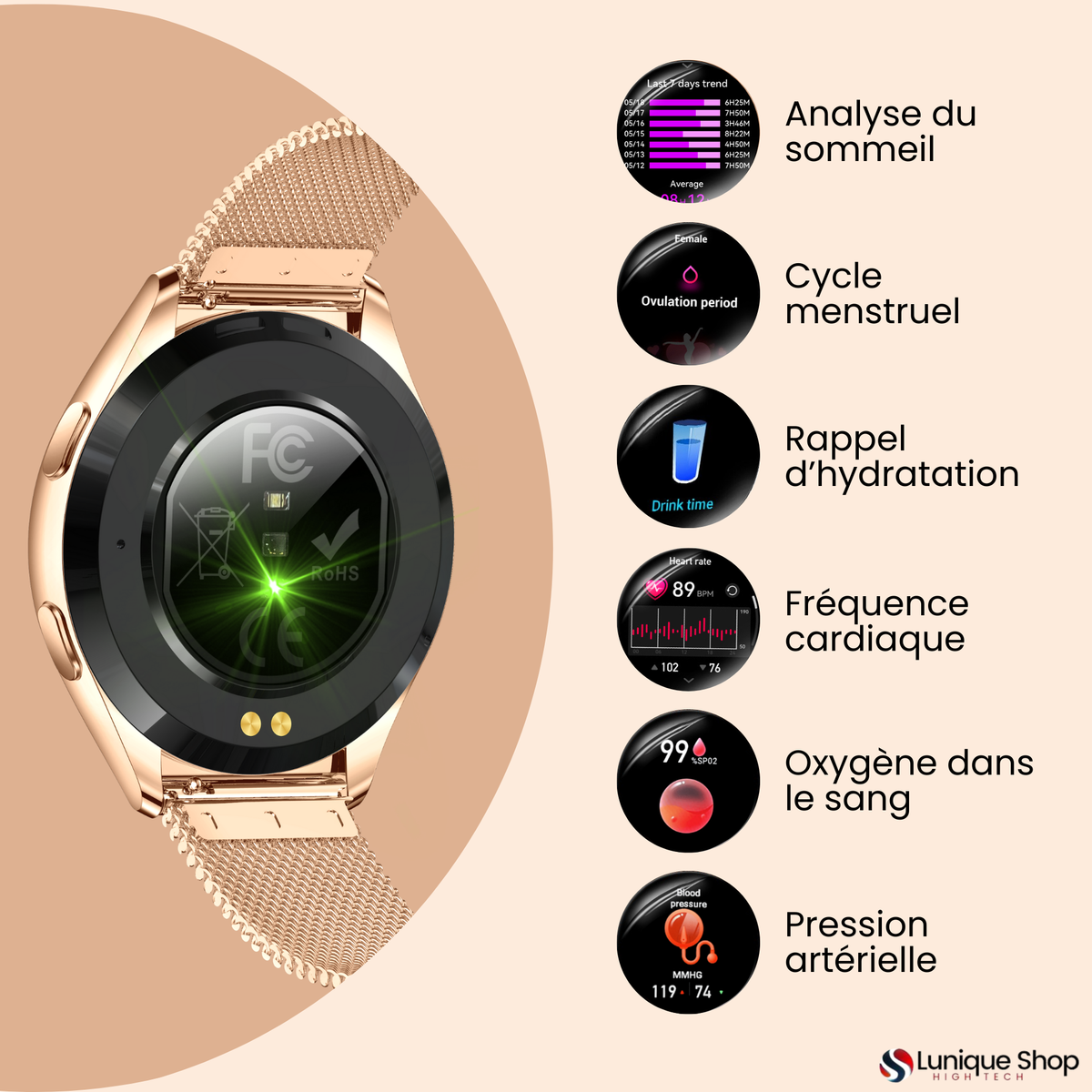 LSWATCH V3 Montre Connectée Femme avec Appel Bluetooth 1.6"- Smartwatch Oxygene Sanguin Tension Fréquence Cardiaque Podomètre Sommeil Météo 2 Bracelets Intelligent iOS Android +100 Sport