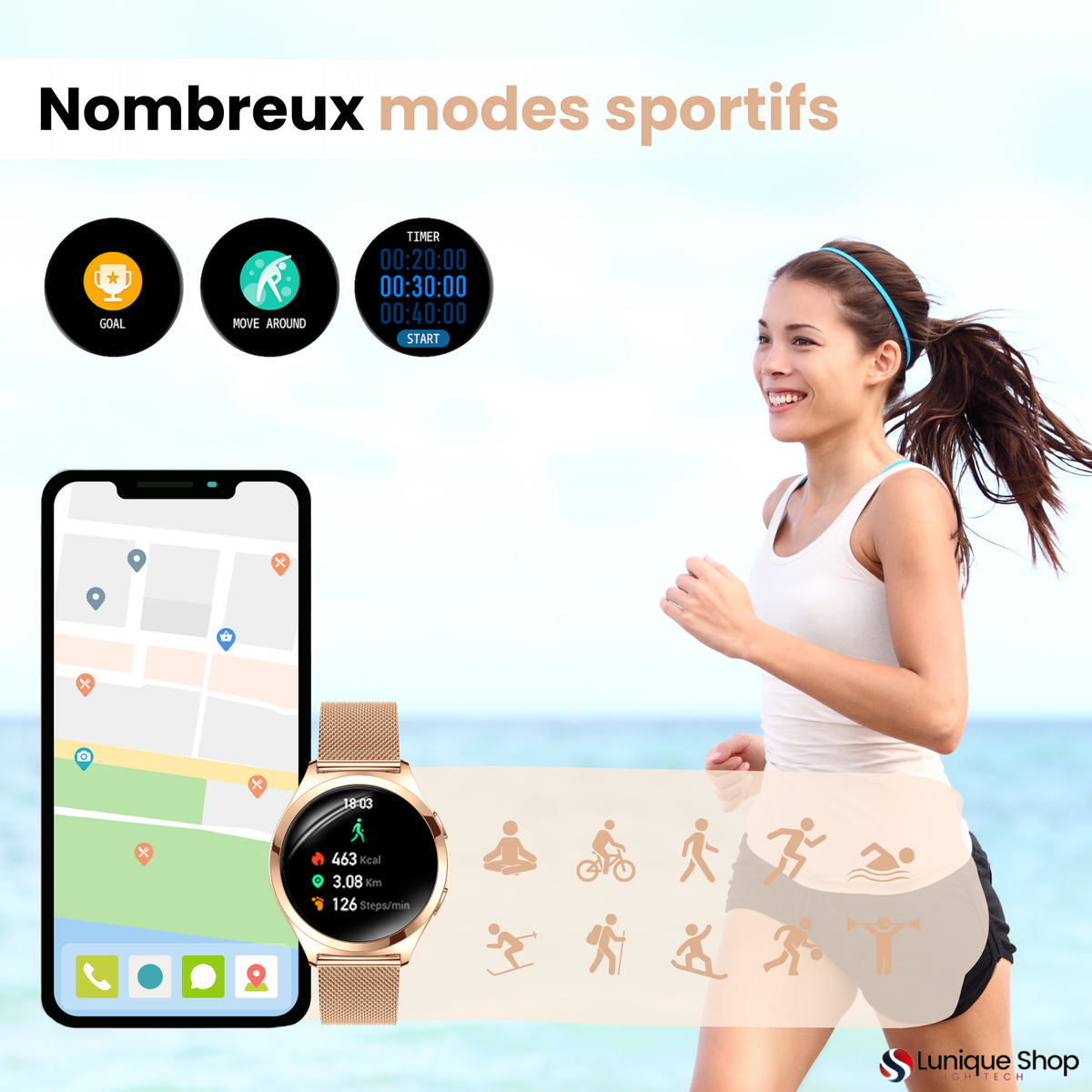 LSWATCH V3 Montre Connectée Femme avec Appel Bluetooth 1.6"- Smartwatch Oxygene Sanguin Tension Fréquence Cardiaque Podomètre Sommeil Météo 2 Bracelets Intelligent iOS Android +100 Sport