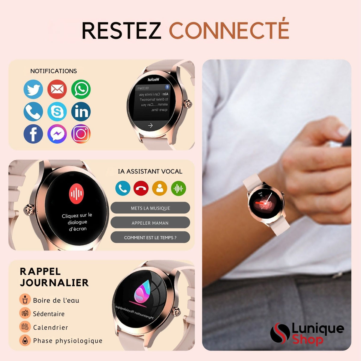 Round 2 Montre Connectée Femme Appel téléphone| Assistance Vocale - Lunique Shop