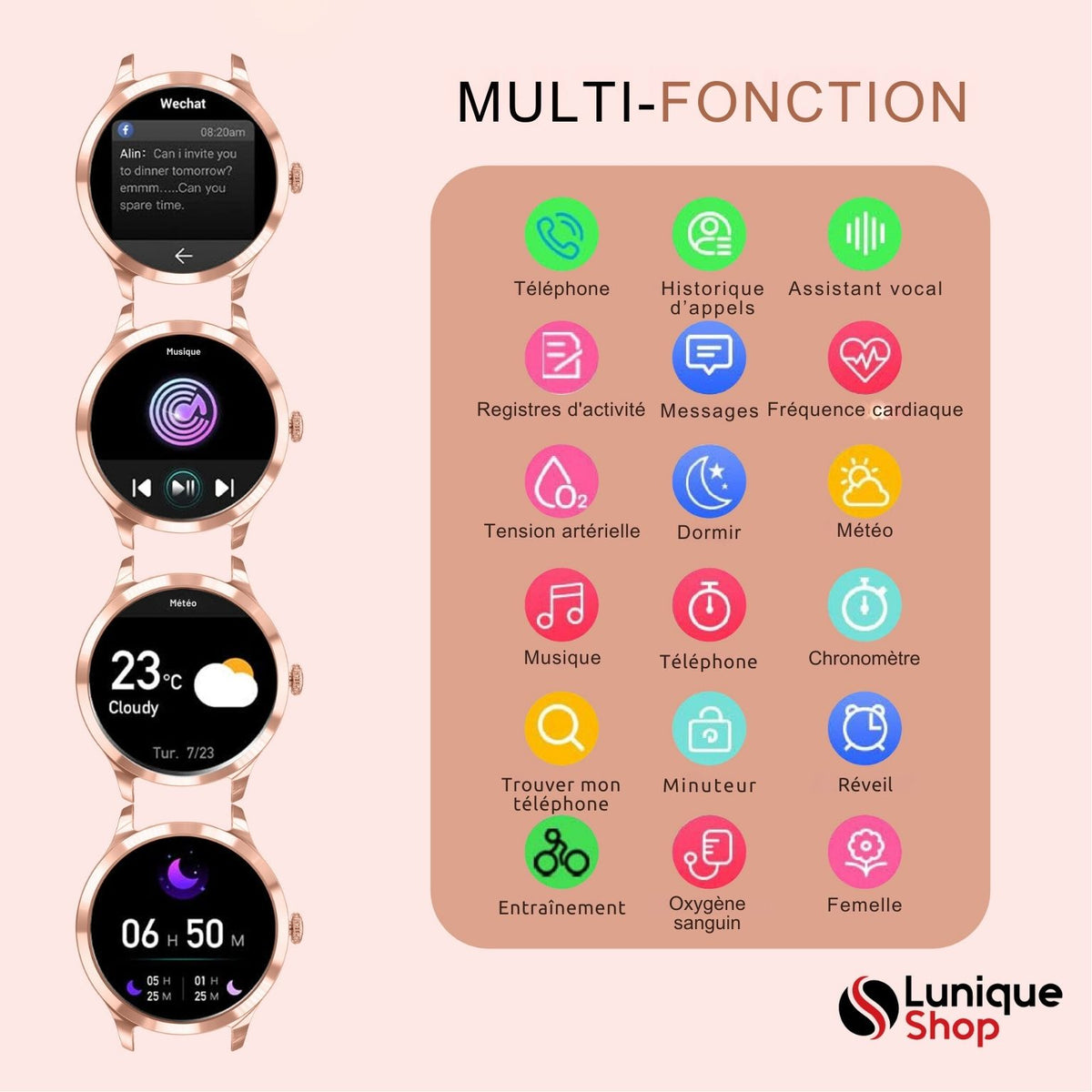 Round 2 Montre Connectée Femme Appel téléphone| Assistance Vocale - Lunique Shop