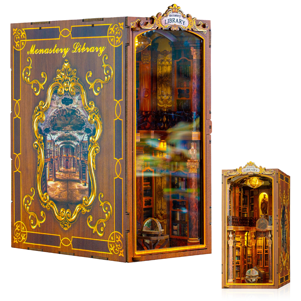Kit Book Nook librairie- Maison Miniature à Construire Adulte - Librairie Magique - Library bibliotheque Puzzle 3D en Bois lumière LED Detection- Cadeau Maquette en Bois