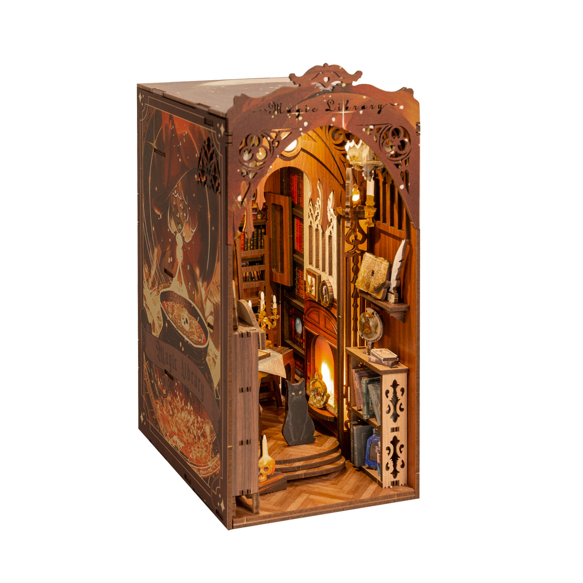 Kit Book Nook librairie- Maison Miniature à Construire Adulte - Librairie Magique - Library bibliotheque Puzzle 3D en Bois lumière LED Detection- Cadeau Maquette en Bois