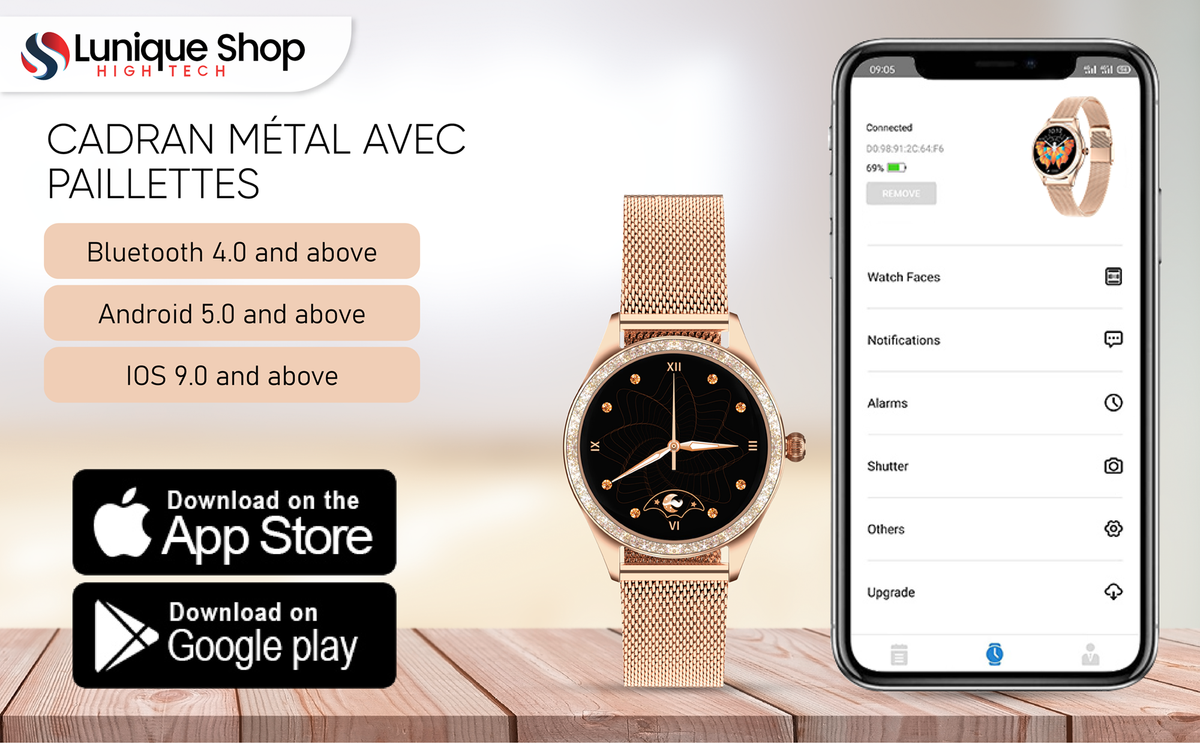 Montre connectée LSLUXE cadran avec paillettes ultra féminin - Lunique Shop