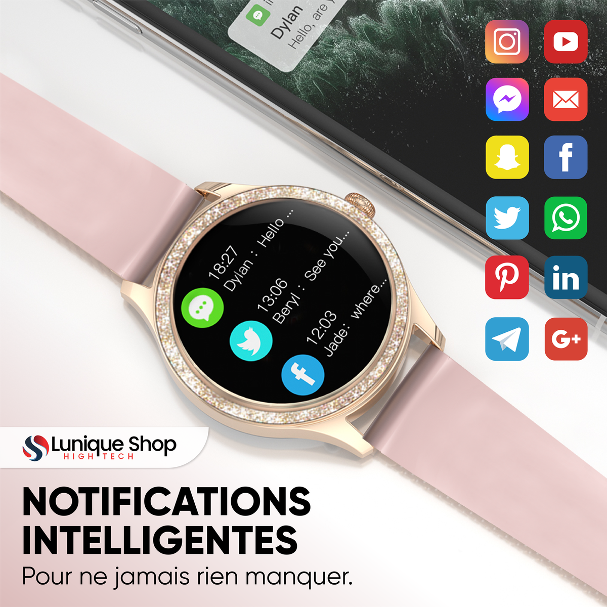Montre connectée LSLUXE cadran avec paillettes ultra féminin - Lunique Shop
