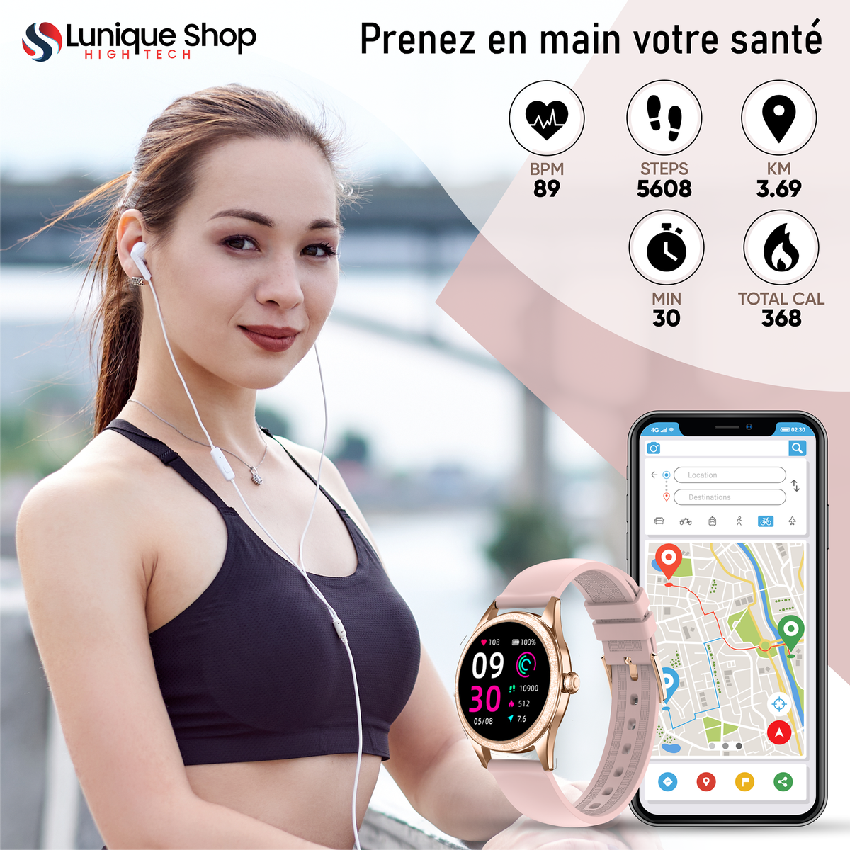Montre connectée LSLUXE cadran avec paillettes ultra féminin - Lunique Shop
